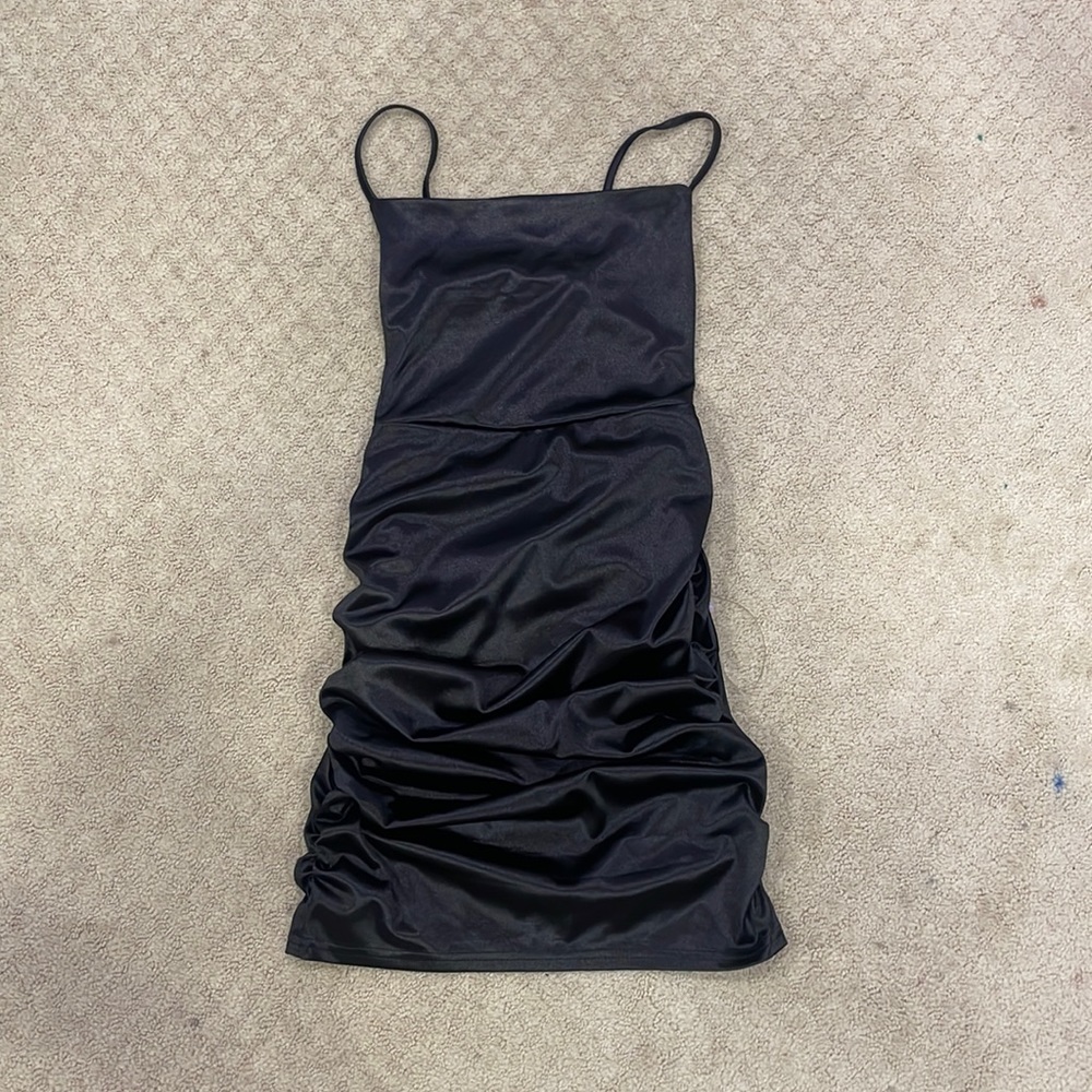 windsor size s black satin scrunched on size tight mini dress with tags